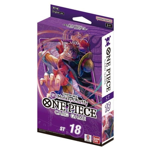 Details Starter Deck [ST-18] is one of six different coloured Started Decks - ST-15 to ST-20 - being released simultaneously! ST-18 is a purple deck featuring Leader Monkey D. Luffy, who has appeared in previous series. The simple Leader effects and colour characteristics of these decks make these ideal products for newcomers to the ONE PIECE CARD GAME! Each deck contains 5 cards featuring new text! You can add these 5 new cards to an existing battle style to evolve your strategy! Each deck also contains 1 Premium Booster Pack [PRB-01], which features reprints of popular cards from past booster packs! Even newcomers can strengthen their decks and enhance their ONE PIECE CARD GAME experience! Contents: Constructed Deck ×1 (51 cards) DON!! Card x10 Playsheet x1 Premium Booster Pack [PRB-01] x1 Configuration: 1 Starter Deck Display includes 6 Starter Decks